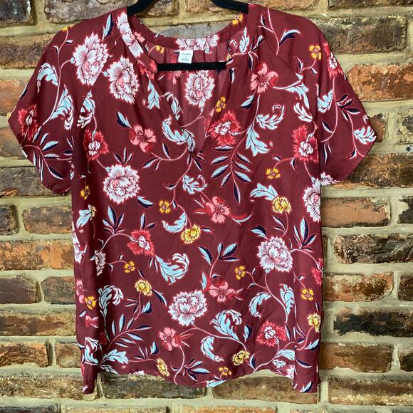 Old Navy Maroon Red Floral Short Sleeve V-Neck Blouse Women's Size Small - Picture 1 of 5